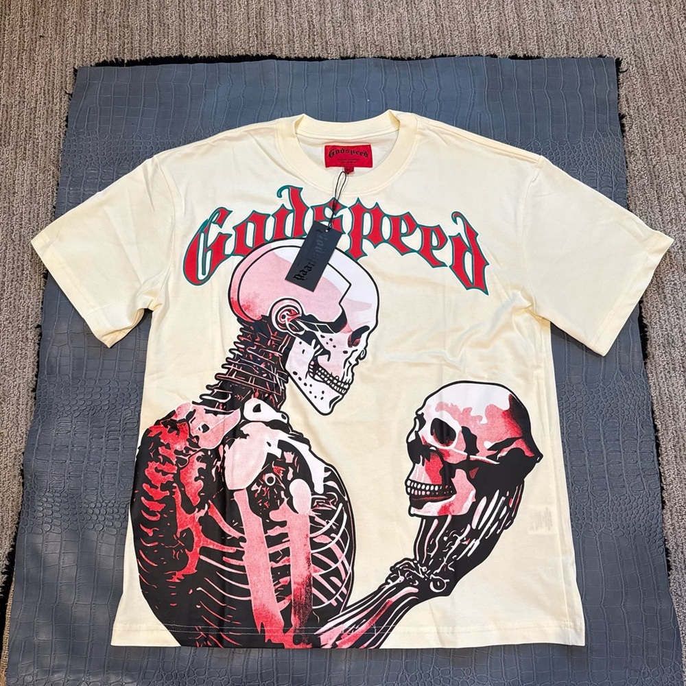 Cream and Red Short Sleeve Tee with Gothic Skeleton Design